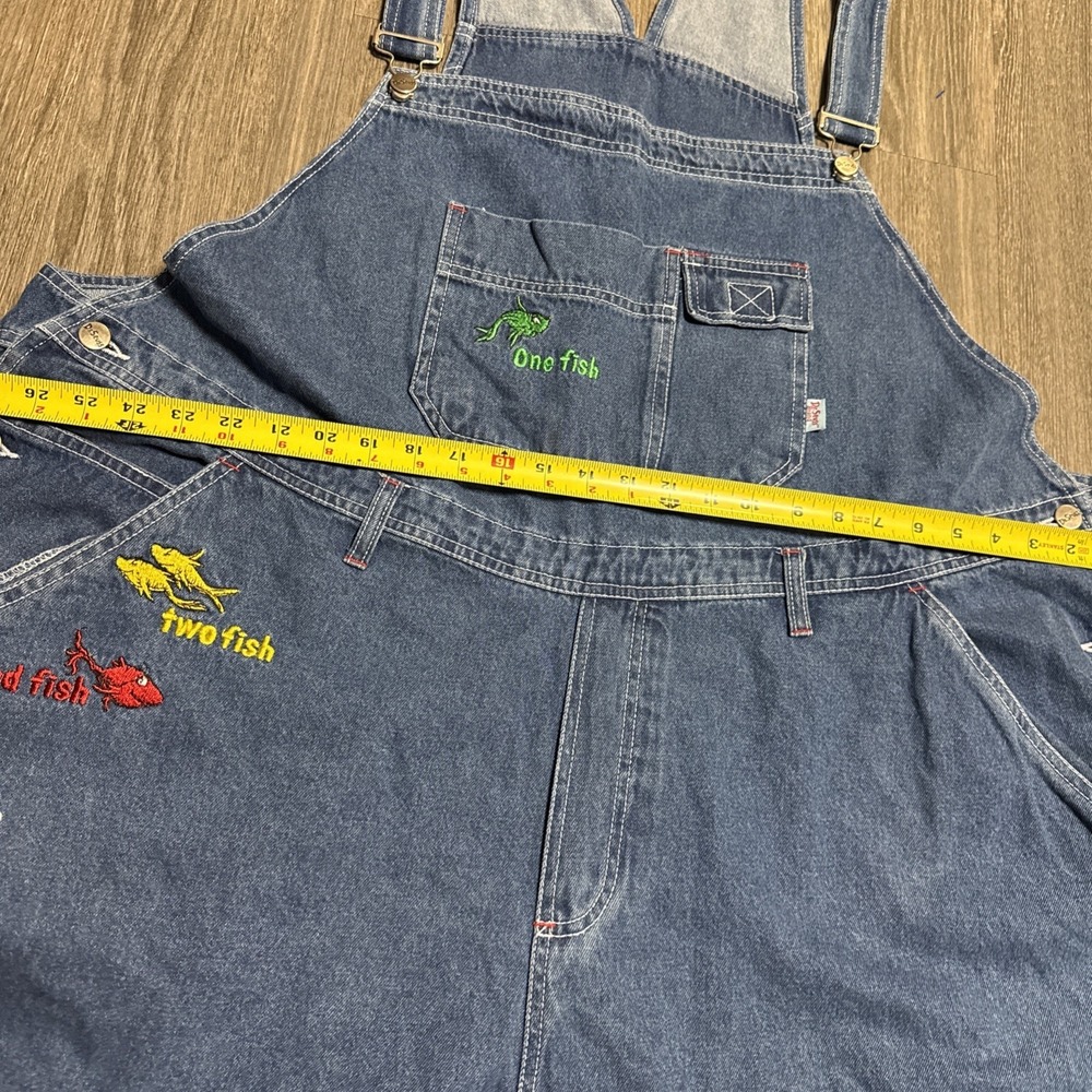 Vintage Dr Seuss Denim Shortalls Womens 26W One Fish Two Fish Adorable Teacher - Picture 5 of 7